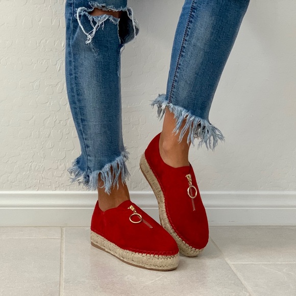 Red Suede Jute Wrap Platform Espadrille Sneaker - Picture 3 of 8